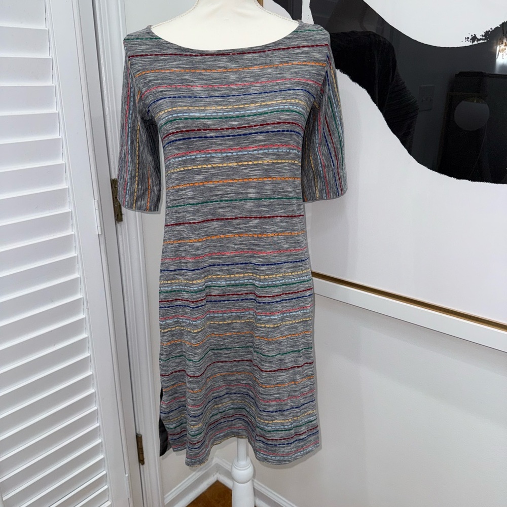 Source Unknown Gray Multicolor Striped Midi Dress - image 1
